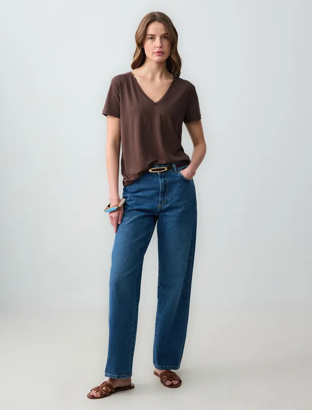 Women Brown V-Neck Short Sleeve Knitted Modal T-Shirt