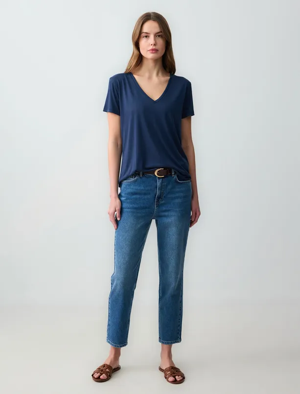 Women Dark Blue V-Neck Short Sleeve Knitted Modal T-Shirt