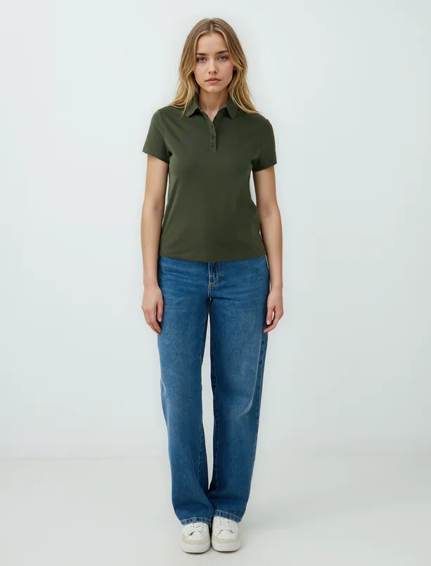 Women Haki Straight Cut Shirt Collar Short Sleeve Knitted T-Shirt