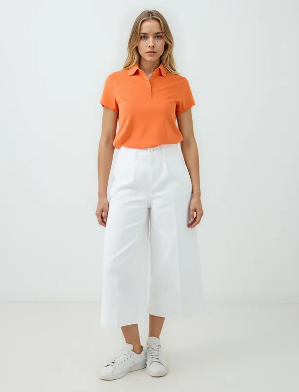 Women Orange Straight Cut Shirt Collar Short Sleeve Knitted T-Shirt