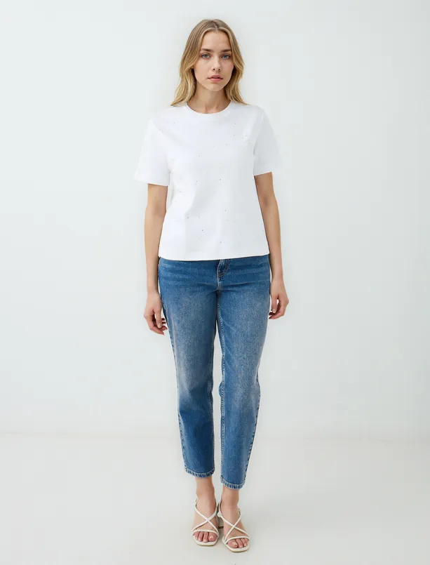 Women White 100% Cotton Crew Neck Stone Printed T-Shirt