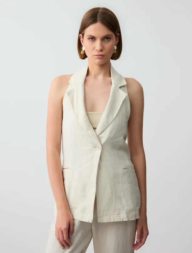 Women  100% Linen Narrow Cut Back Decollete Pocket Detailed Vest