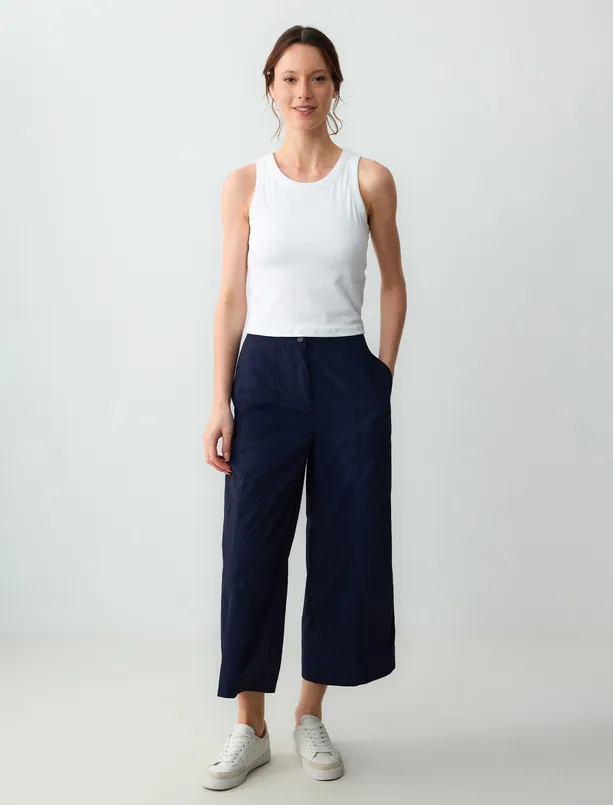 Women Dark Blue High Waist Wide Leg Relaxed Fit Woven Pants