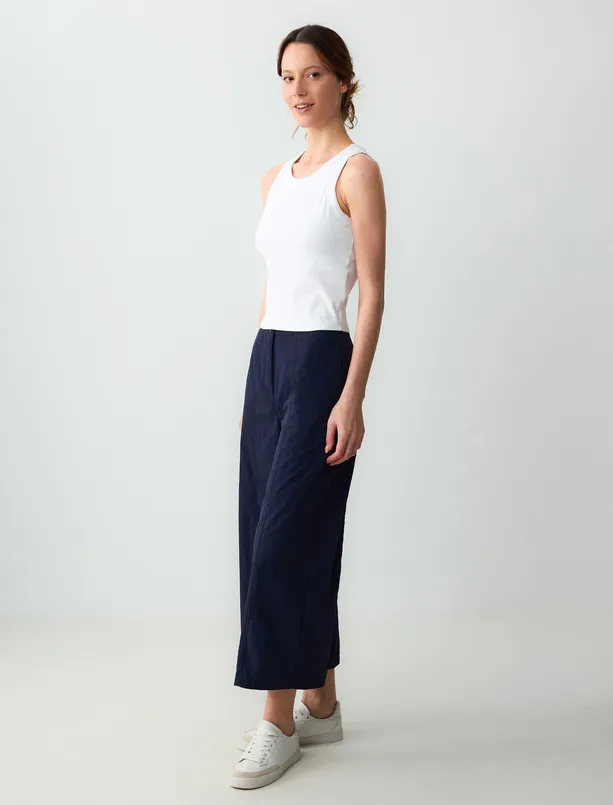 Women Dark Blue High Waist Wide Leg Relaxed Fit Woven Pants