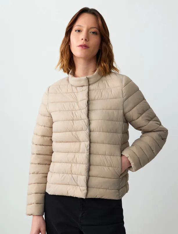 Women Beige Quilted Inflatable Coat with Zippered Snap Details