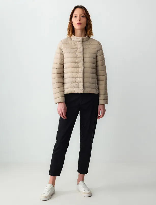 Women Beige Quilted Inflatable Coat with Zippered Snap Details