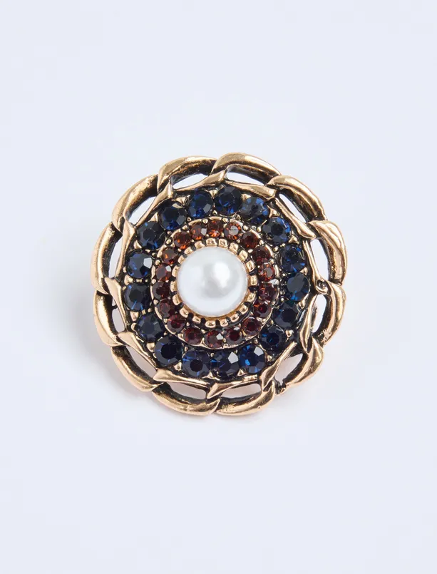 Women Green Pearl Detailed Round Brooch