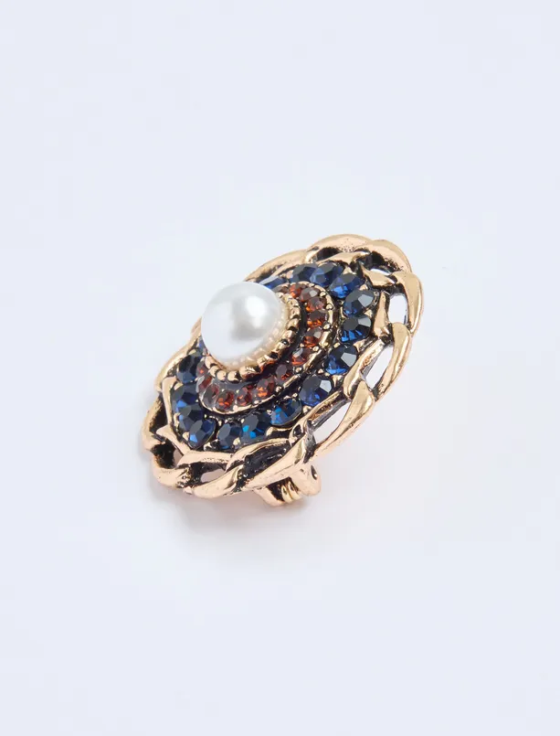 Women Green Pearl Detailed Round Brooch