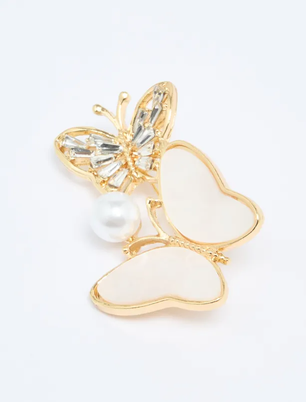 Women White Butterfly Figured Pearl Detailed Brooch