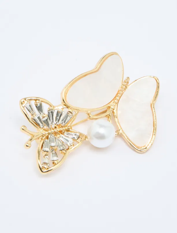 Women White Butterfly Figured Pearl Detailed Brooch