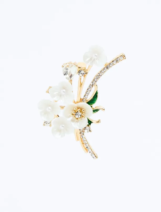 Women White Flower Patterned Bright Stone Brooch