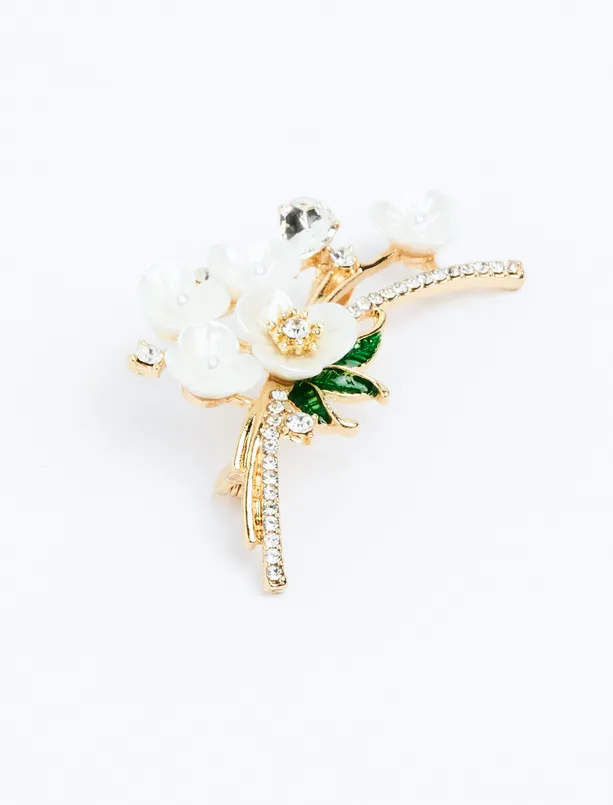 Women White Flower Patterned Bright Stone Brooch