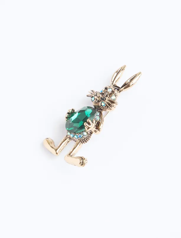 Women Green Rabbit Figured Stone Brooch