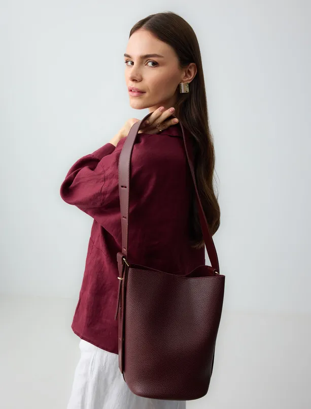 Women Claret Red Leather Bag with Logo Detailed Strap