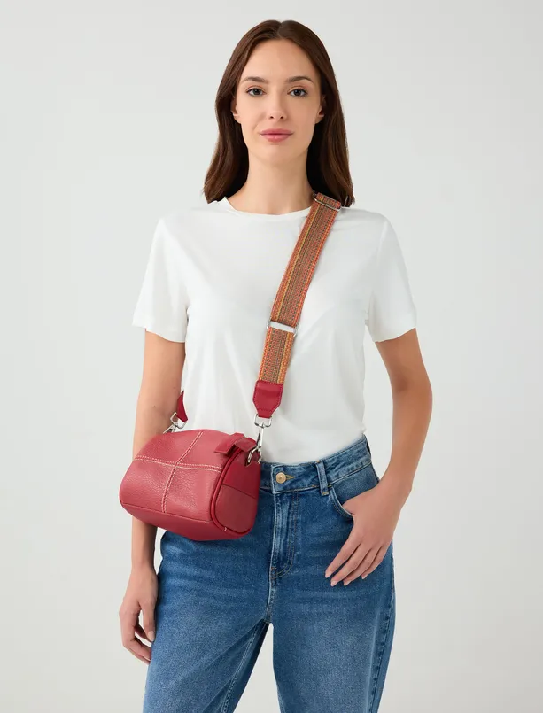 Women  Leather Look Strap Bag with Stitching Detail