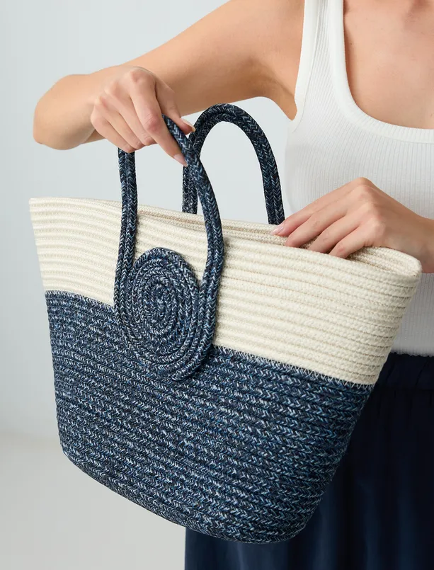 Women Dark Blue Color Blocked Straw Bag