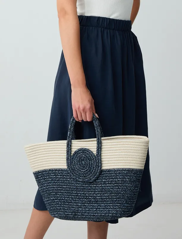 Women Dark Blue Color Blocked Straw Bag