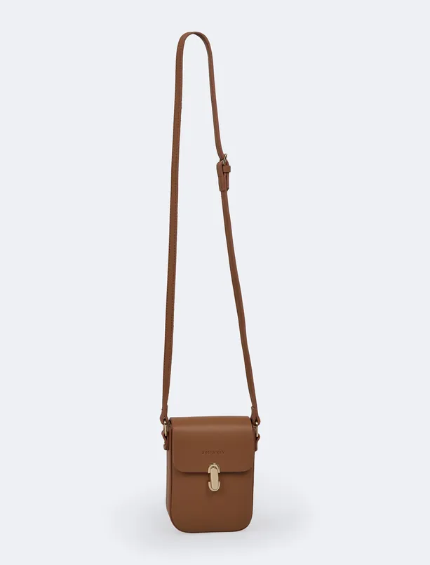 Women Brown Leather Look Logo Detailed Strap Bag