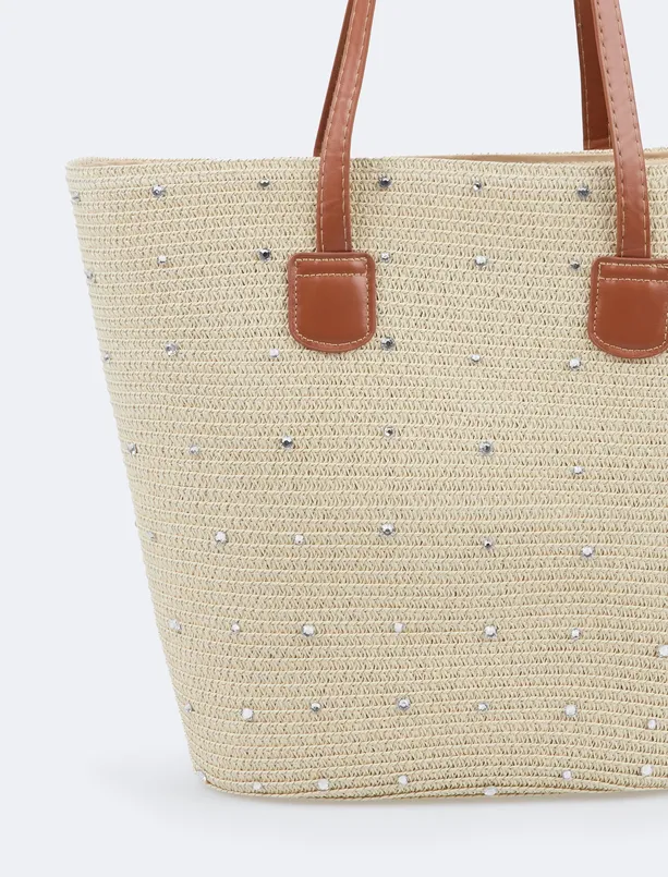 Women Beige Straw Bag with Shiny Stone Detail