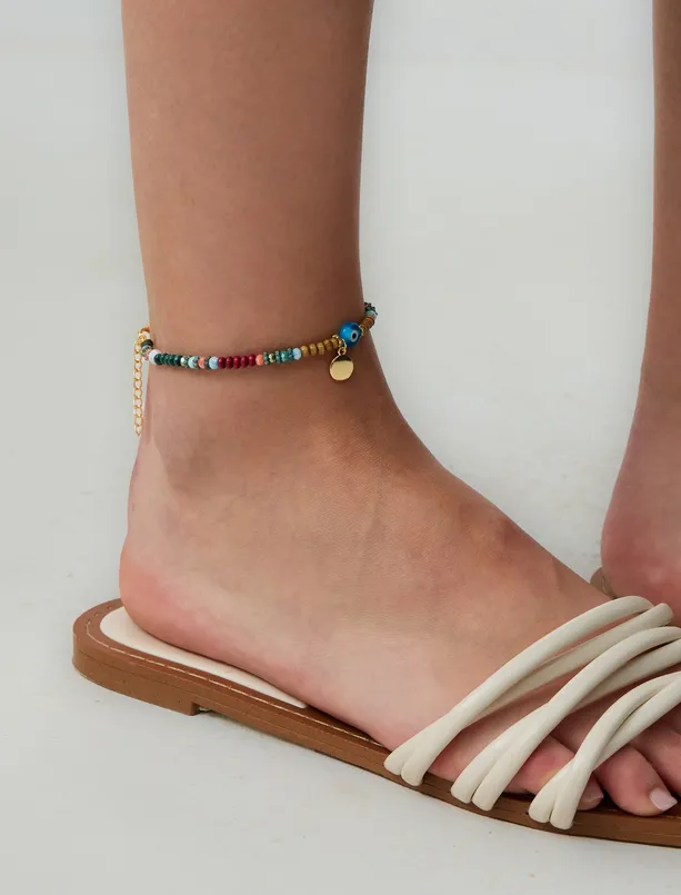 Women Brown Colorful Anklet with Evil Eye Bead Detail