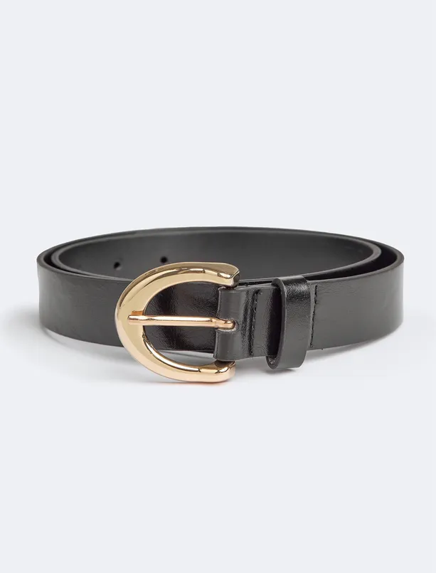 Women Black Shiny Round Buckle Belt