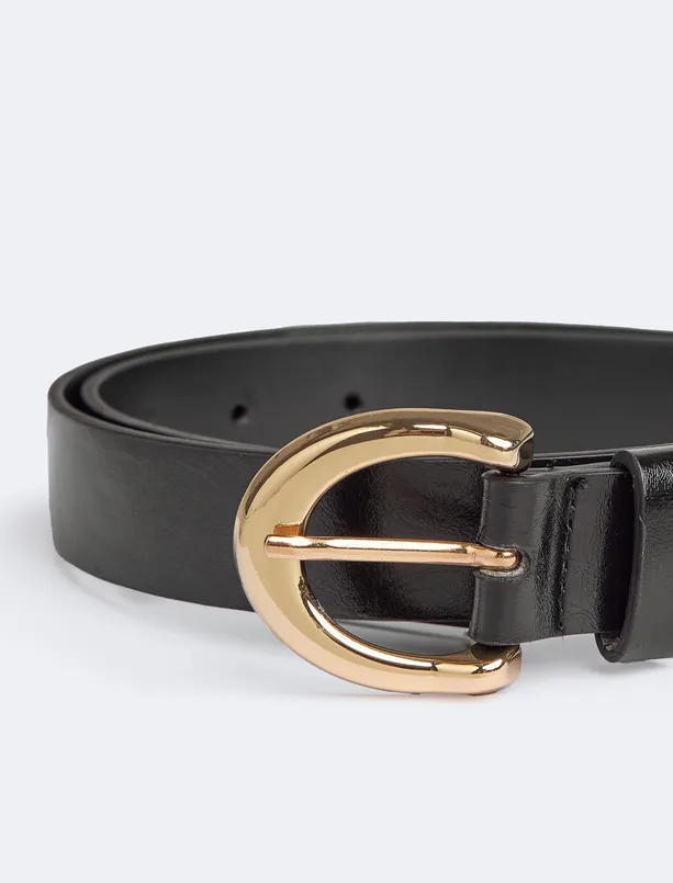 Women Black Shiny Round Buckle Belt