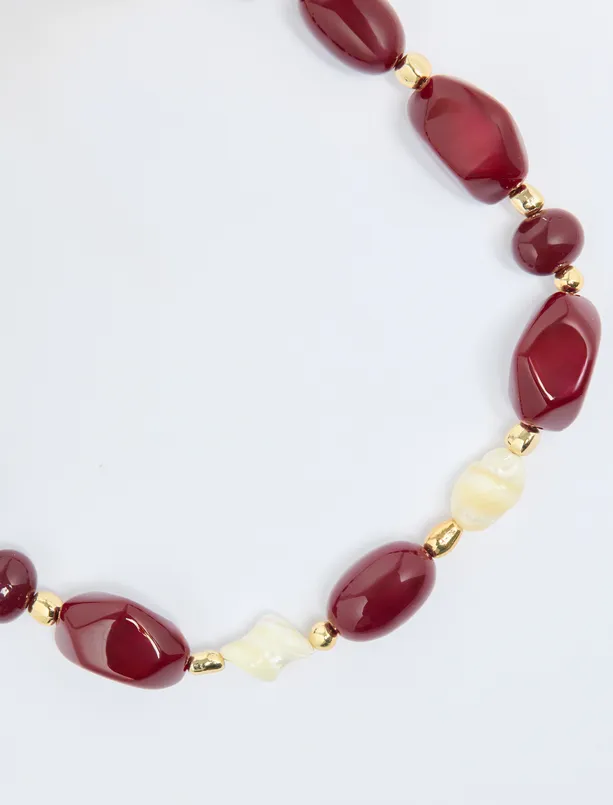 Women Claret Red Adjustable Necklace with Natural Stone Details