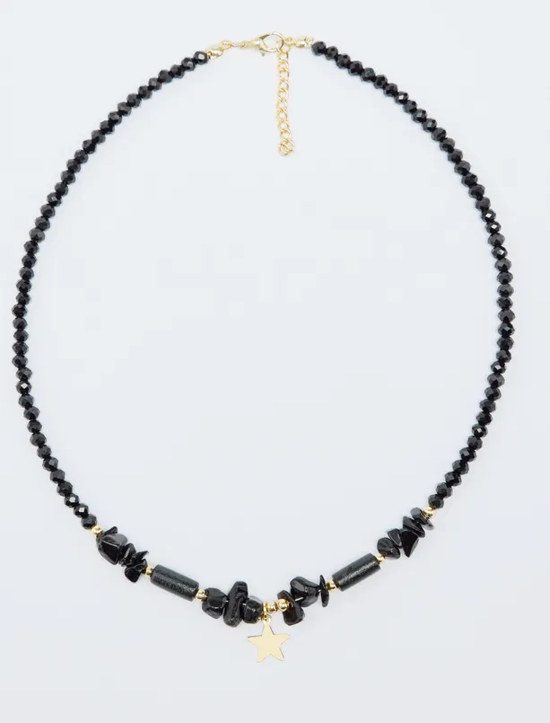 Women Black Star Figured Bead Detailed Adjustable Necklace