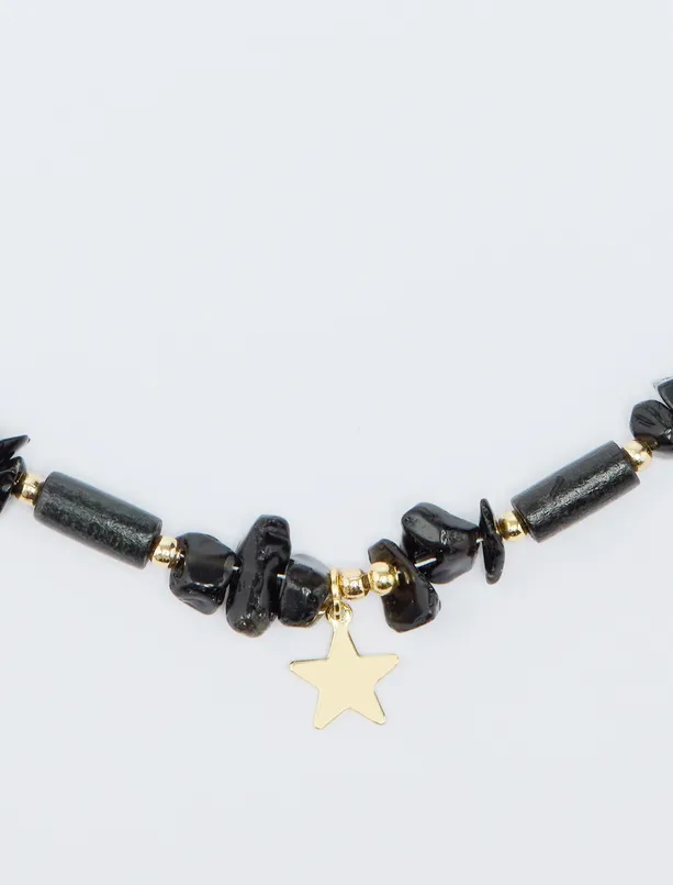 Women Black Star Figured Bead Detailed Adjustable Necklace