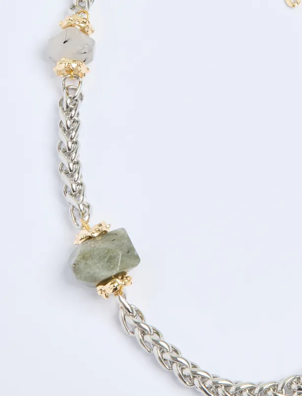 Women Grey Natural Stone Detailed Adjustable Chain Necklace