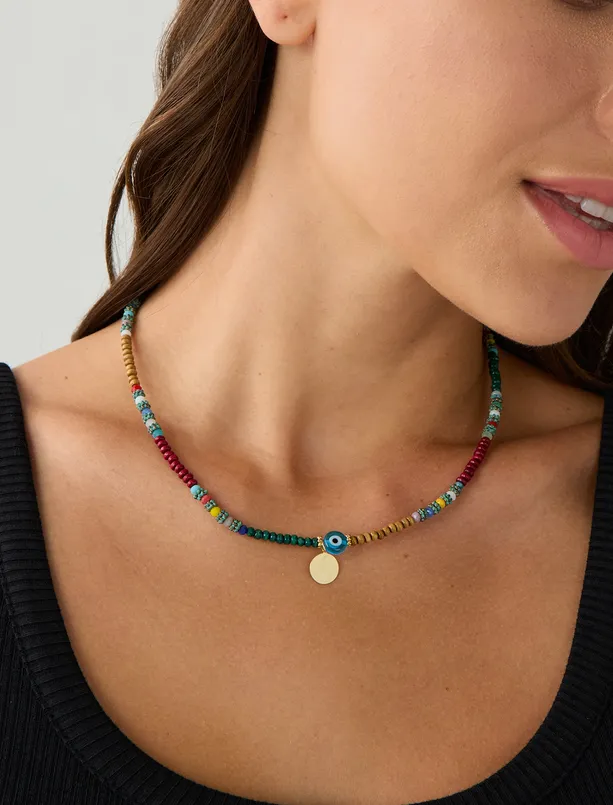 Women Brown Colorful Bead Detailed Necklace