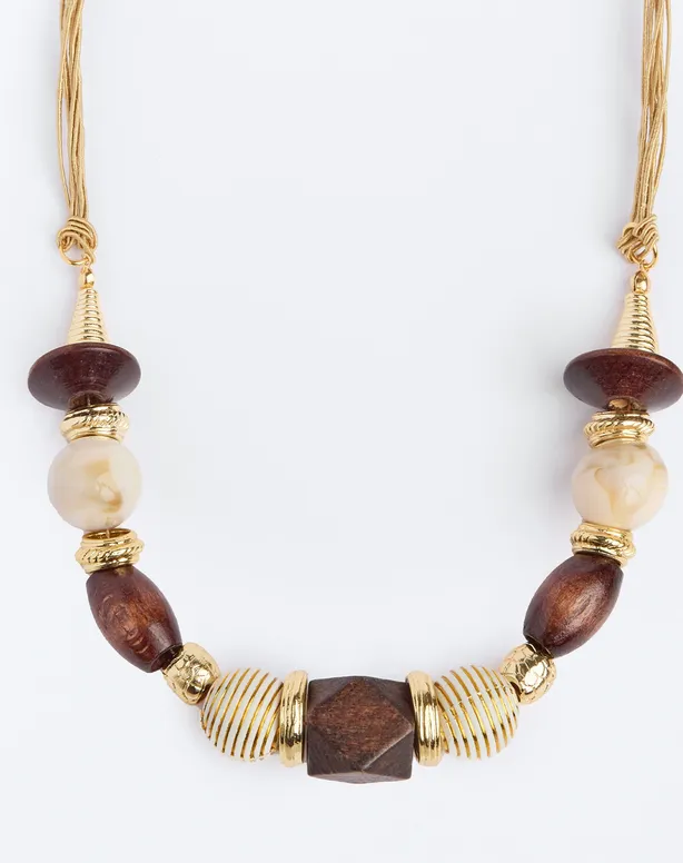 Women Brown Adjustable Necklace with Geometric Patterned Stone Detail