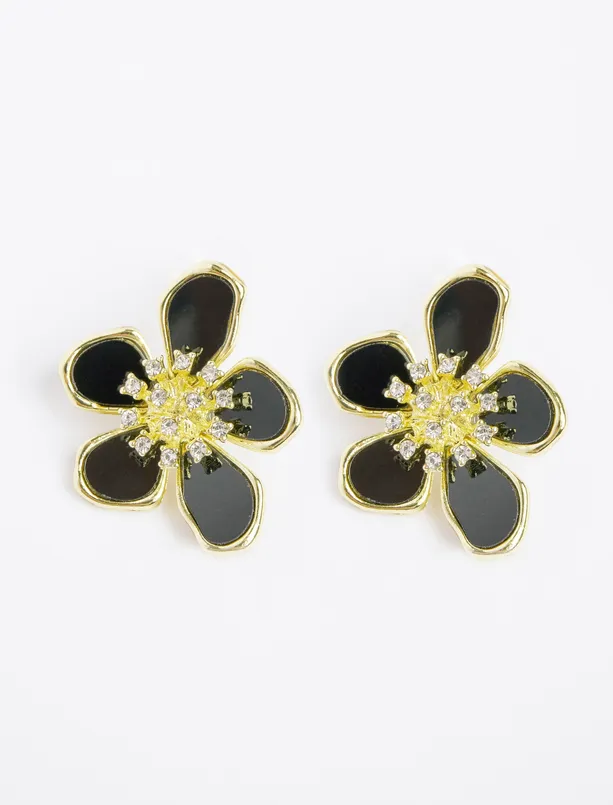 Women Black Flower Figured Elegant Earrings with Shiny Stones