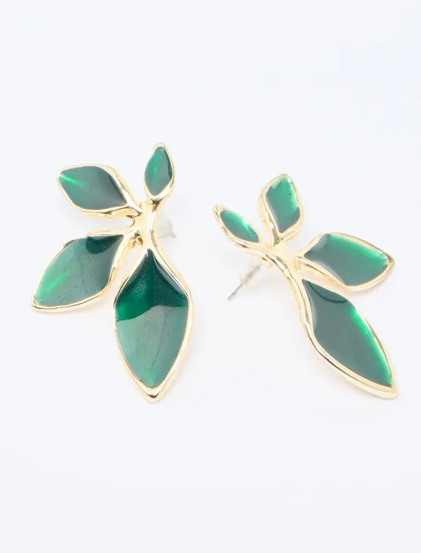 Women Green Colorful Leaf Figured Earrings