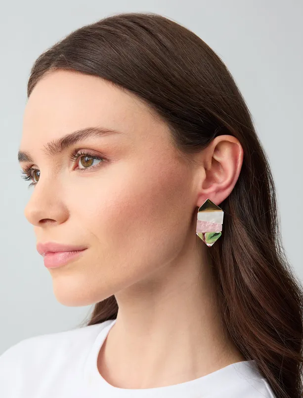 Women Pink Color Blocked Asymmetric Patterned Earrings