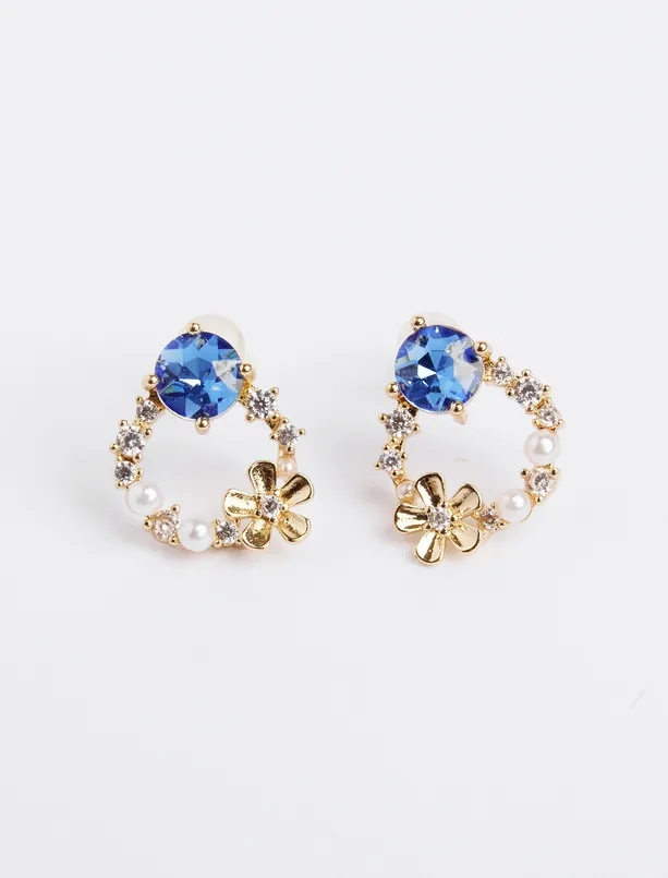 Women Blue Flower Patterned Pearl Detailed Earrings