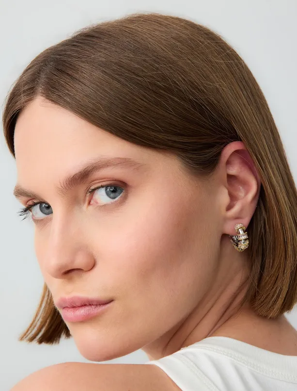 Women Yellow Modern Hoop Earrings with Polished Stone Detail