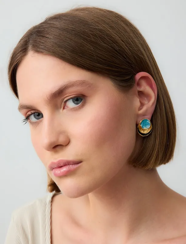 Women Turquoise Enamel Detailed Round Figured Earrings