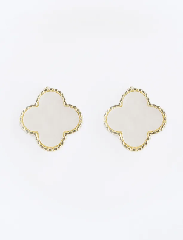 Women Yellow Clover Figured Enamel Detailed Earrings