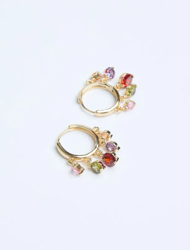 Women Yellow Crystal Stone Detailed Hoop Earrings