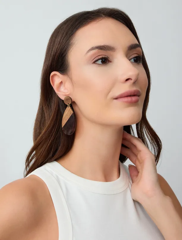 Women Brown Round Figured Wooden Earrings