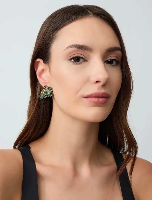 Women Green Butterfly Figured Stone Earrings