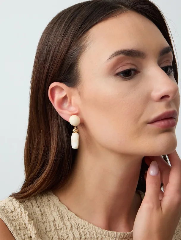 Women Beige Marble Look Dangling Earrings