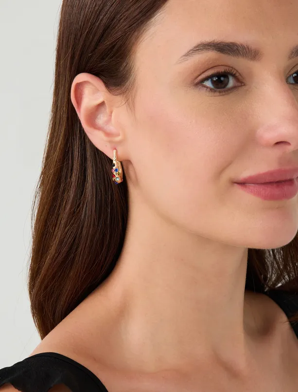 Women Yellow Colorful Stone Detailed Half Hoop Earrings
