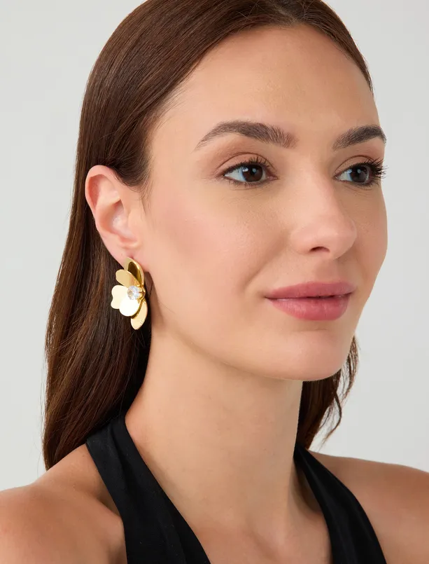Bayan Sarı Işıltılı Çiçek Figürlü Modern Küpe