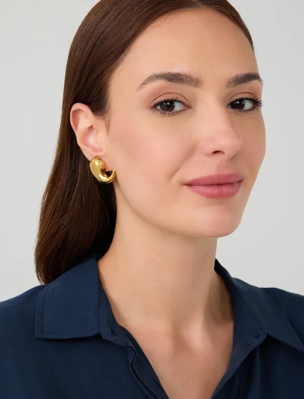 Bayan Sarı Kavis Formlu Modern Küpe