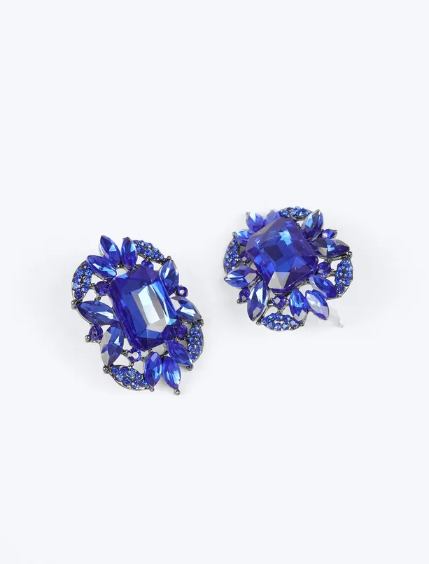 Women Dark Blue Asymmetric Shiny Stone Detailed Earrings