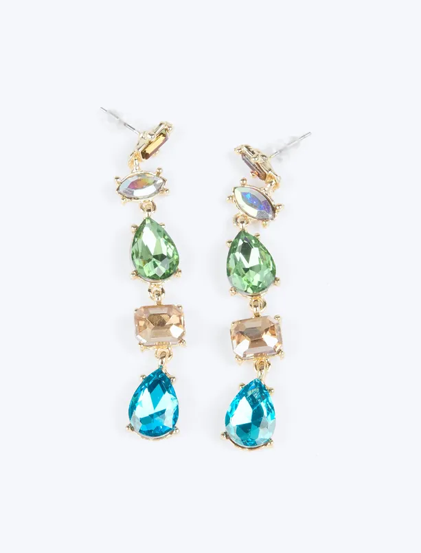 Women Green Colorful Stone Detailed Dangle Earrings