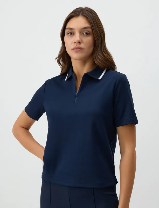 Women Dark Blue Polo Collar Short Sleeve Modal Knitted T-Shirt with Zipper