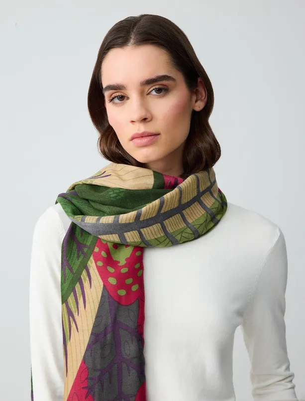 Women Green Leaf Patterned Woven Shawl